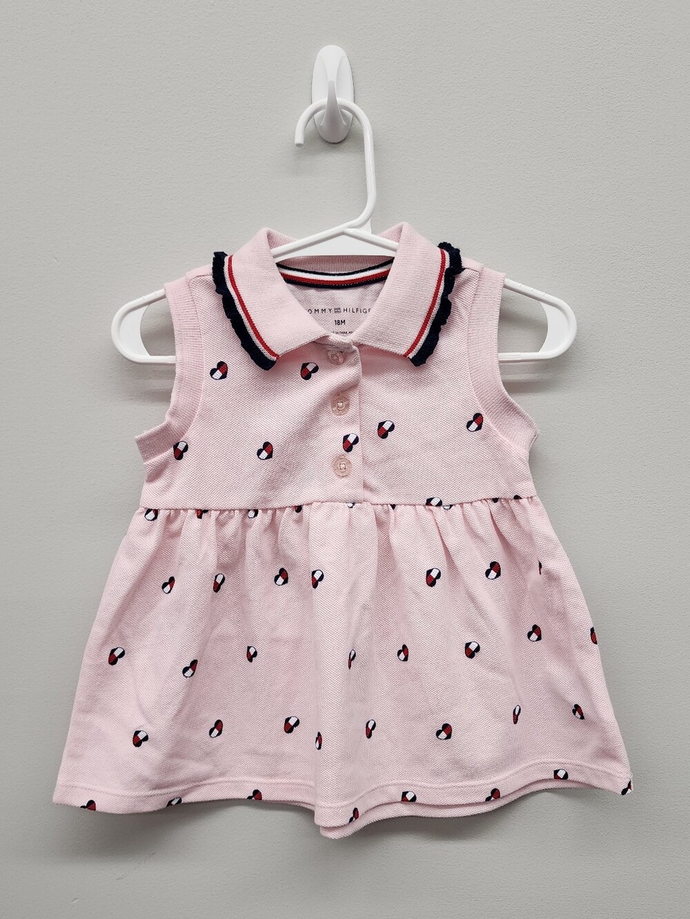 Tommy Hilfiger Baby Girl 18M Pink Flag Print Polo Dress Ruffle Collar